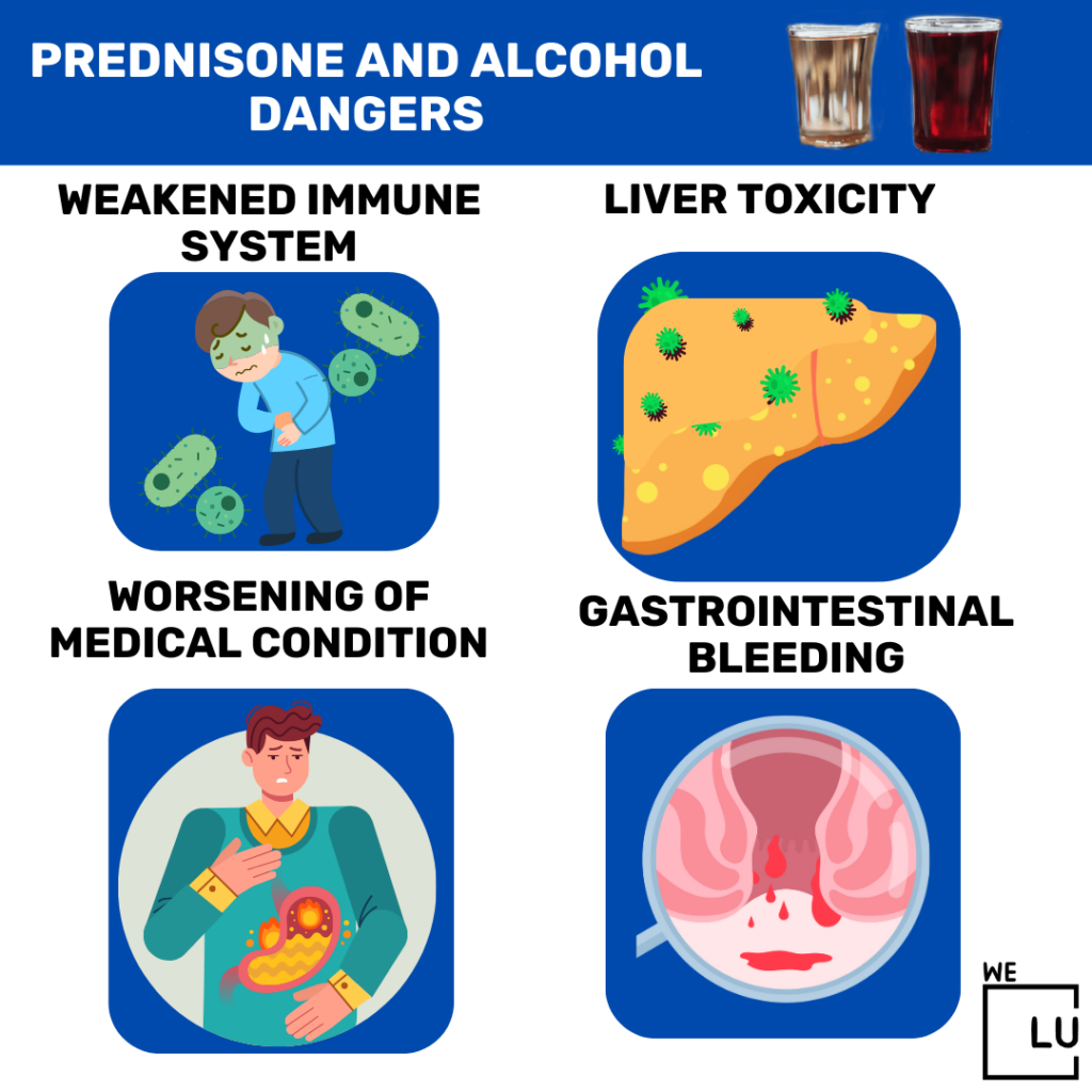 Prednisone and Alcohol Dangers Infographic. Combining prednisone with alcohol can result in severe side effects. Both substances may individually contribute to gastrointestinal irritation and an increased risk of peptic ulcers, and when used together, they can exacerbate these effects. Additionally, alcohol can amplify prednisone's potential to impair the immune system, increasing susceptibility to infections.