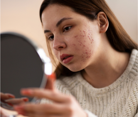 a girl with skin issues looking at herself in the mirror