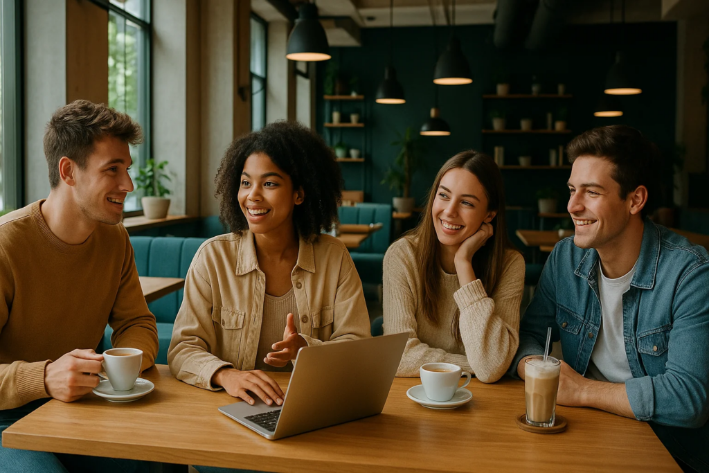 mixed group of young adults in a cafe