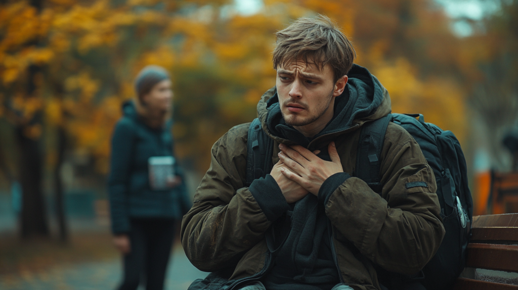 anxiety quiz Person experiencing a panic attack in a public park with a passerby assisting