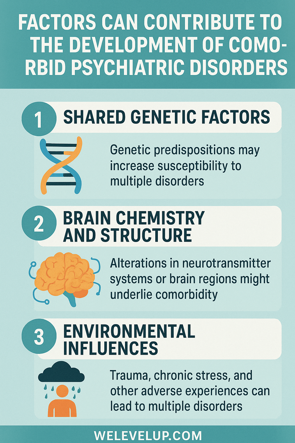 Psychiatric Disorder Infographic about factors that can contribute to the development of comorbid conditions and Psychiatric Disorder Treatment.